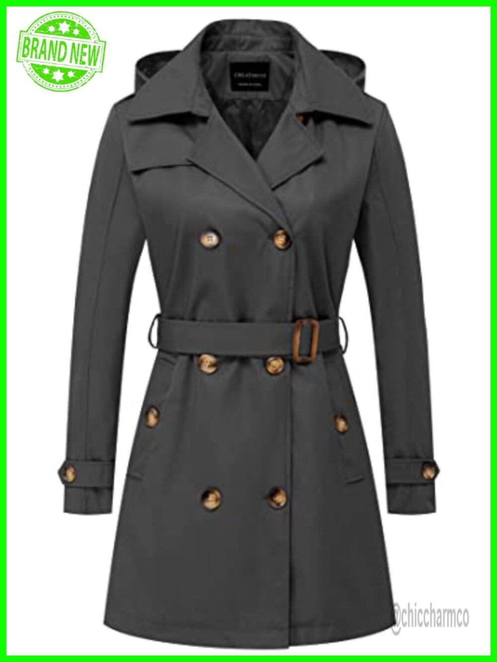 Women's Trench Coat Double-Breasted Belted Classic Overcoat with Hood